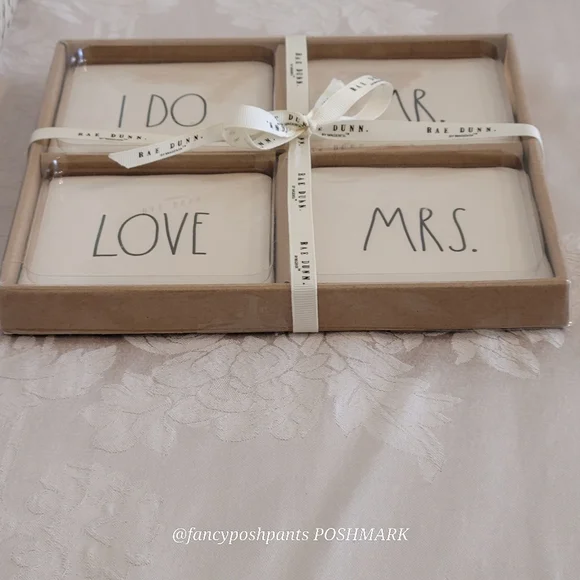 new!RAE DUNN white wedding engagement anniversary coaster 4 piece set sealed - Picture 4 of 12
